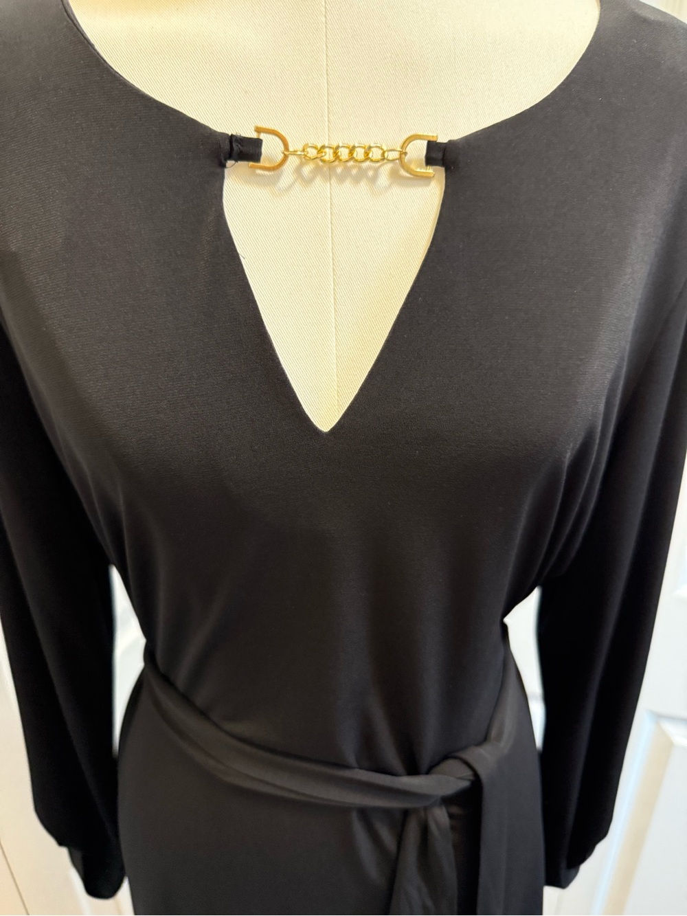 Michael Kors Black Long-Sleeve Dress with Gold Accent and Waist Tie - Picture 10 of 11